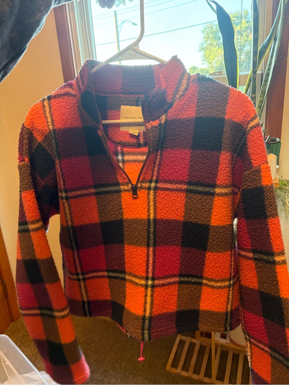 Women’s Half-Zip Fleece Jacket - Red & Orange Plaid